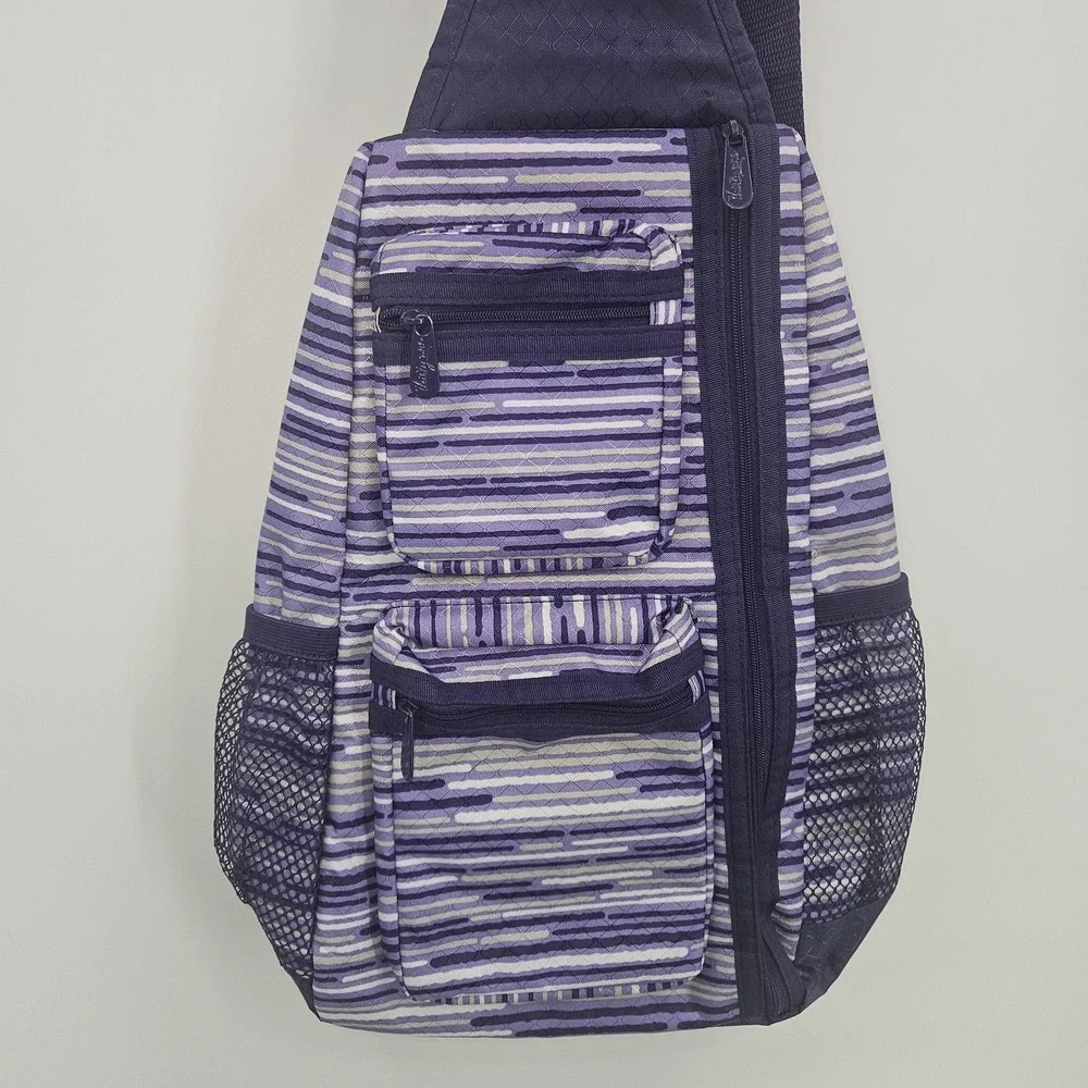 Thirty-One Sling Backpack‎ Bag Purple Stripe Crossbody Zip Pockets Travel